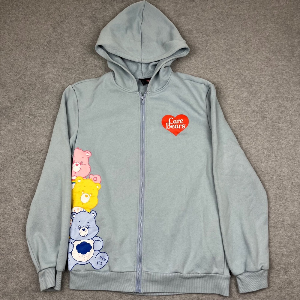 ROMWE Zip Up Hoodie Women M Blue Care Bears Graphic Fleece Long Sleeve Casual